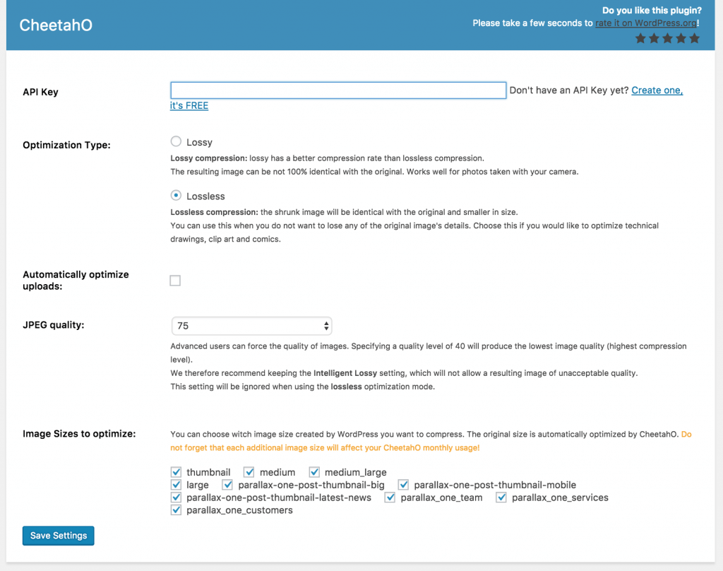 CheetahO settings page